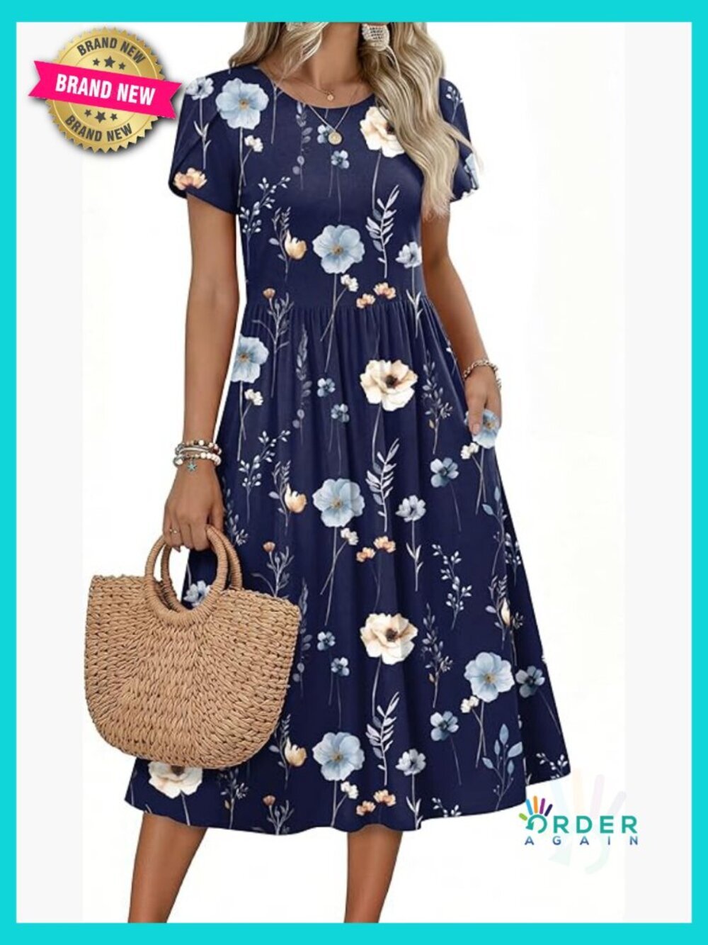 Floral Midi Dress Casual A-Line Swing Tshirt Dress with Pockets Summer Beach